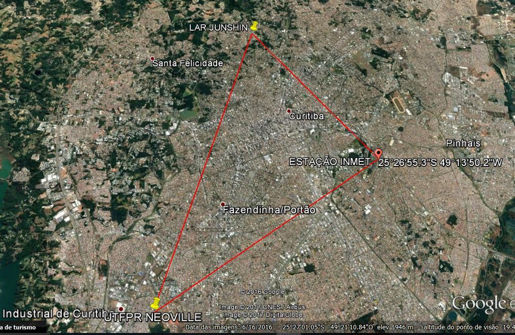 8,5km 13km 11km Figura 15: Localização dos Sistemas Neoville, Junshin e Estação INMET Fonte: Adaptado do Google Earth (2017) Para se obter os valores de radiação incidentes no plano do painel