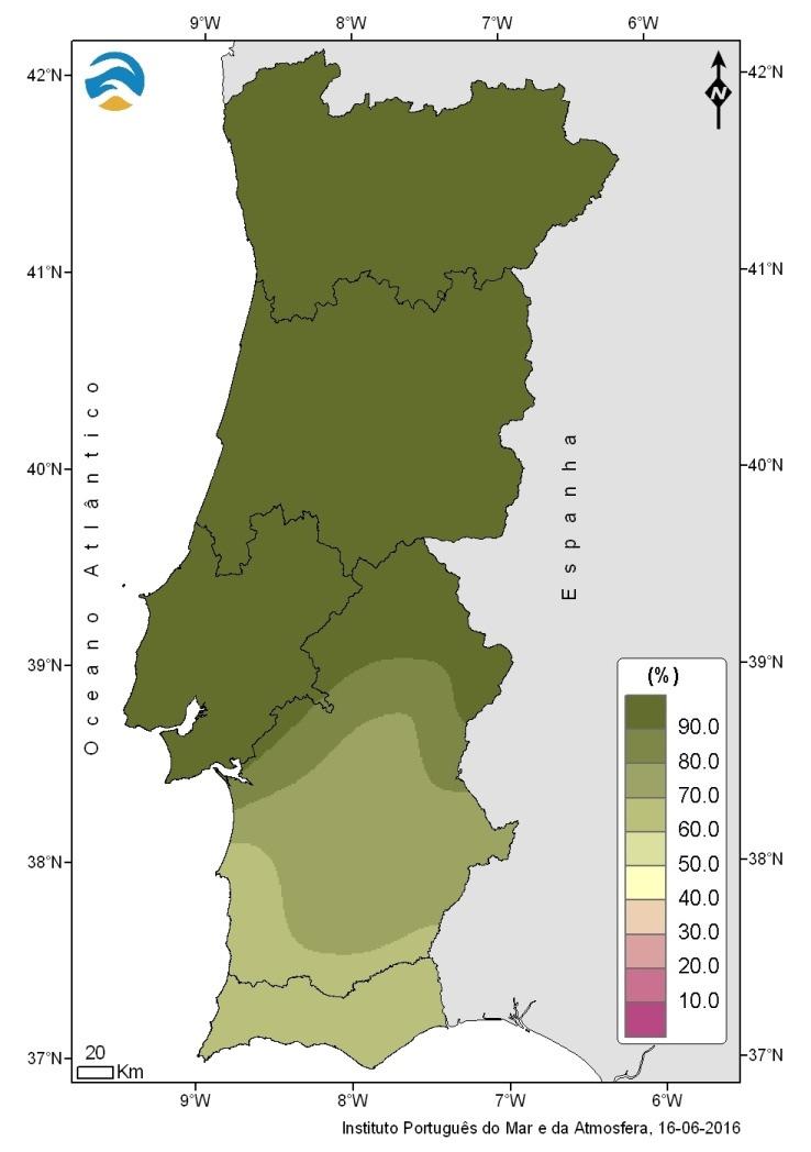 2.5 Água no solo Na Figura 8 apresentam-se os valores em percentagem de água no solo, em relação à capacidade de água utilizável pelas plantas, no final de maio de 2016.