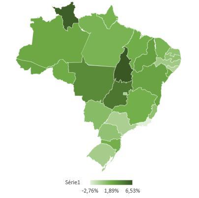 Figura 2 - Cartograma com a variação relativa percentual nos estoque de empregos de 2017 em relação a 2016 no Brasil No Brasil, os estados que tiveram as maiores variações positivas em 2017 foram: