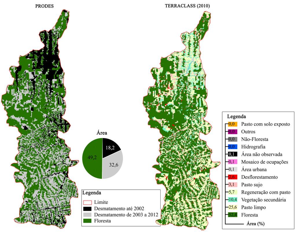 Tabela 2. Quantidade de área do desmatada anualmente na área de estudo Ano 1997 2000 2001 2002 2003 2004 2005 ÁREA TOTAL Desmatamento Anual Acumulado ha % 28.604,8 3,7 37.253,1 8,5 69.320,1 17,4 5.