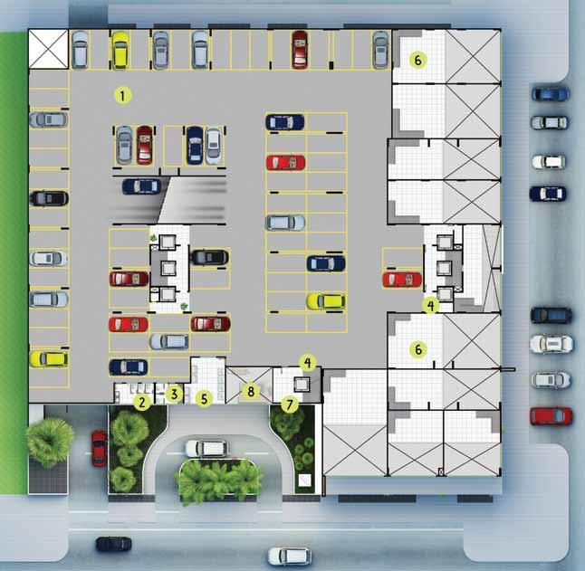 - Lavanderia 6 - Lojas 7 - Hall 8 - Recepção Térreo 1 - Fitness 2 - Sauna 3 - Squash 4 - Lan