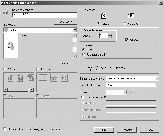 Outras Operações de Impressão 3 Antes de imprimir um ficheiro PDF protegido por palavra-passe, execute uma das seguintes acções: Introduza a palavra-passe PDF no ecrã de propriedades da impressão