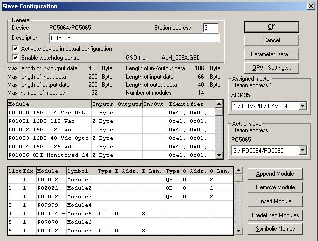 Capítulo 5 Parametrização A seguir são apresentados os resultados da configuração de uma cabeça PROFIBUS PO5065 com os módulos descritos na Tabela 5-1.