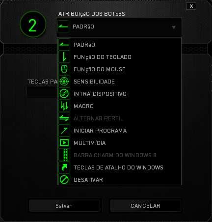 Menu De Atribuição De Botões Inicialmente, cada um dos botões do mouse está configurado como DEFAULT.