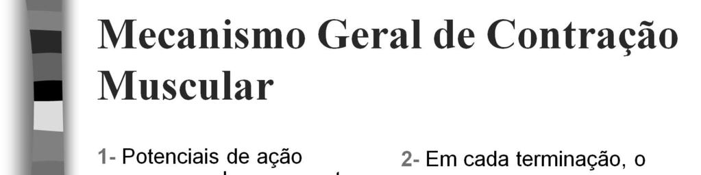 O início e a execução de uma contração muscular ocorre nas seguintes etapas sequenciais: 1- Os potenciais de ação cursam pelo nervo motor até suas terminações nas fibras musculares.