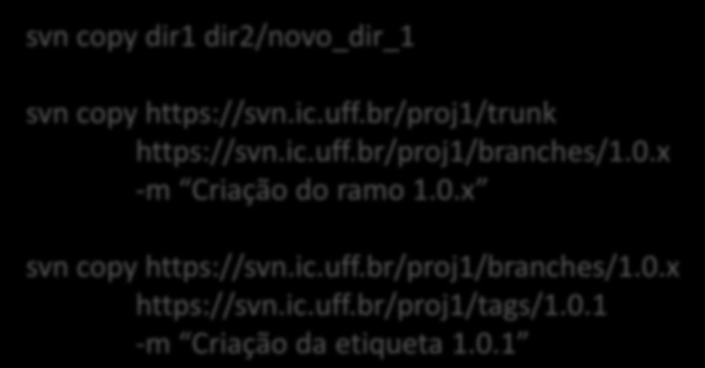 Comando copy Sintaxe svn copy ORIGEM DESTINO [-m MENSAGEM] Exemplo svn copy dir1 dir2/novo_dir_1 svn copy https://svn.ic.uff.br/proj1/trunk https://svn.ic.uff.br/proj1/branches/1.0.
