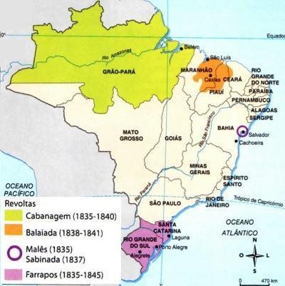 2ª QUESTÃO (UNIFOR/CE adaptada) Analise o mapa que indica os locais onde explodiram as principais rebeliões durante o período regencial: (COSTA Luis C.A. MELLO; Leonel I.A. História do Brasil.