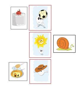 54 exemplo: o escolar com a figura da cola relacionou com a Carta Personagem da bola, e falou /COLA/ rima com /BOLA/. Figura 2 Exemplo da estratégia para reconhecimento de rimas nos grupos de figuras.