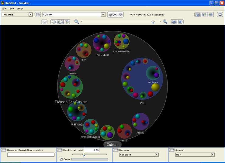 Visualização de Resultados de busca Clustering(Grokker) Executava as buscas nas principais ferramentas de busca e agrupa seus resultados, apresentando os grupos de forma visual.