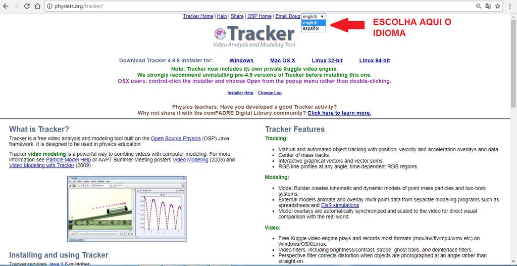 4 - Tela inicial do site oficial do Tracker O usuário tem duas opções de idiomas para navegar no site (inglês e espanhol).