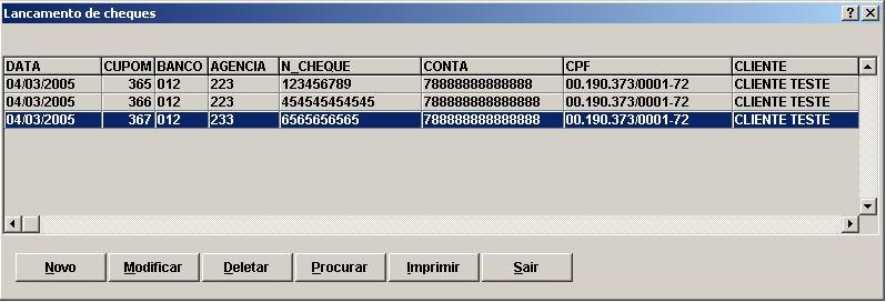 Nesta tela o sistema irá mostrar todos os dados do cheque. Buscando Cheque.