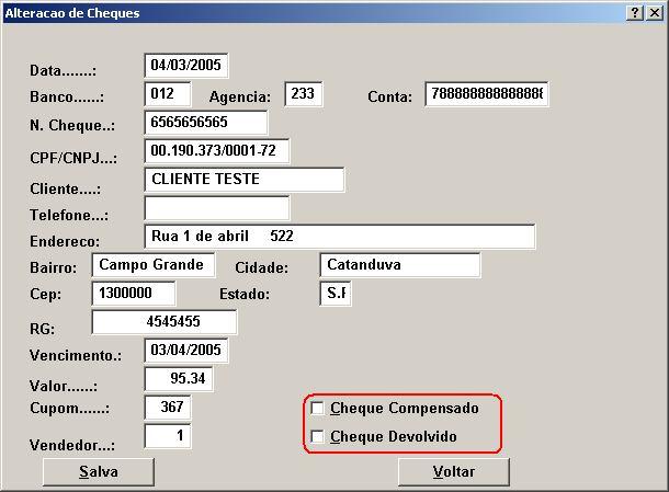 Modificando os dados do cheque.