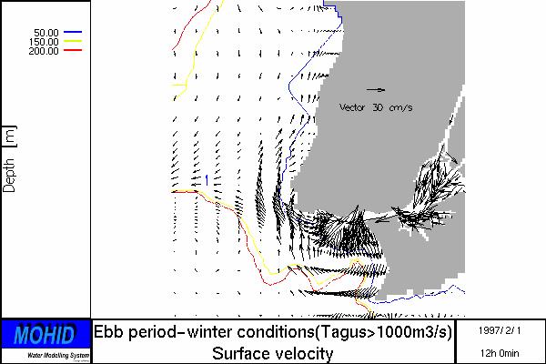 Figura 8: Campo de velocidades na embocadura do Tejo, forçado pelo