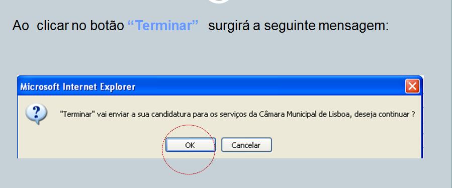 5º Passo Terminar a Candidatura Depois do preenchimento dos dados deverá seleccionar o botão Terminar a fim