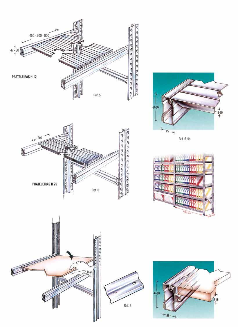 PRATELEIRAS Existem prateleiras com 12mm de espessura, com 450, 600 e 900mm de largura e com profundidades que variam entre os 320 e 700mm.