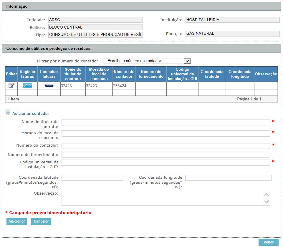 97 98 99 Figura 32: Criação de contador de gás natural O quadro 99 deve ser preenchido do seguinte modo: Item Título Campo Descrição [Nome do titular do contrato] Nome da entidade/instituição titular