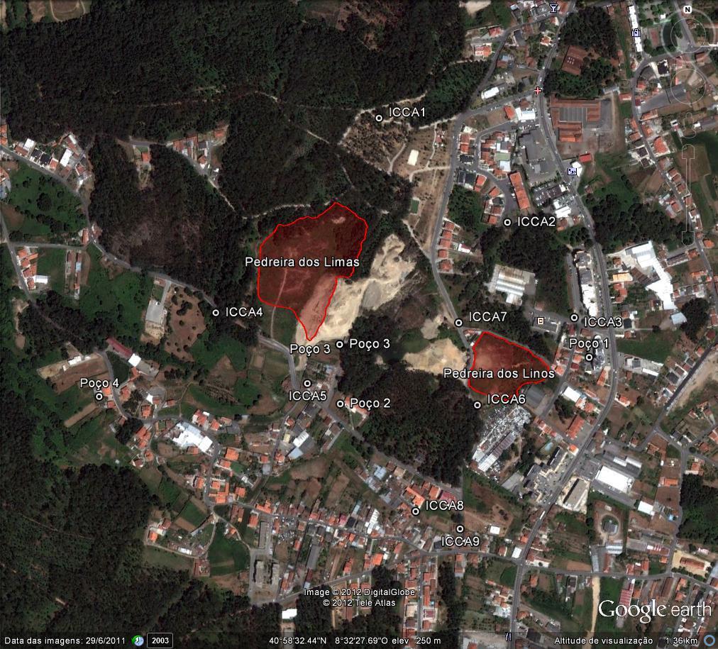 Figura 1. Localização dos 13 pontos de amostragem relativamente às pedreiras desativadas (Pedreira dos Linos e Pedreira dos Limas). O Plano de Monitorização estabelecido de acordo com o Decreto-Lei n.