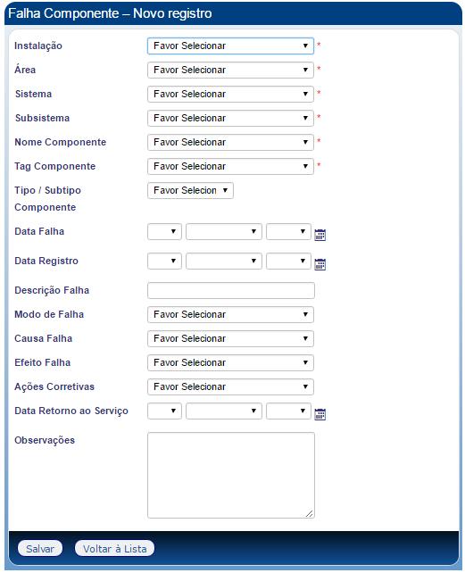 44 FIGURA 11 Formulário para registro dos dados de falha de um componente da instalação no PSADB 3.1.2.