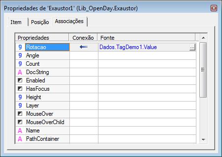 Associe a propriedade Value do Tag Demo com a propriedade Rotacao do objeto Exaustor na Tela.