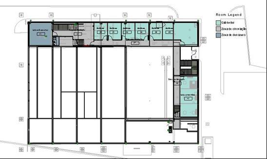 Gabinetes, Zonas de circulação, Zona de trabalho e Zona de descanso, de forma a atribuir as mesmas