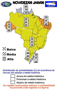 Figura 1 - Previsão probabilística (em tercis) de consenso do total de chuvas no trimestre novembro e dezembro de 2005 e janeiro de 2006 (ND/2005-J/2006). 1. Condições Climáticas no Brasil em Setembro2005 Os sistemas frontais atuaram preferencialmente sobre a Região Sudeste do Brasil neste mês de setembro.