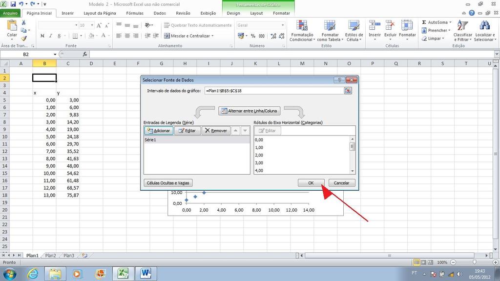 11. O Passo Neste passo basta o usuário clicar novamente sobre o botão OK, que concluirá a formação do gráfico com os pontos de relação das colunas X e Y do modelo, como ilustra a Figura 11.
