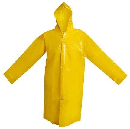 Capa de chuva Vestimenta tipo capa confeccionada em tecido de PVC laminado, mangas e capuz fechamento por botões de pressão plásticos cores amarelo solido, azul, ouro, fume, cristal, transparentes.
