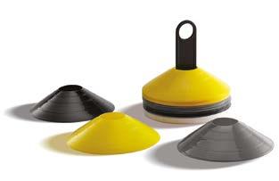 Inclui 30 cones (10 de cada cor: amarelo, cinza e preto) e apoio móvel para rápida organização e transporte.
