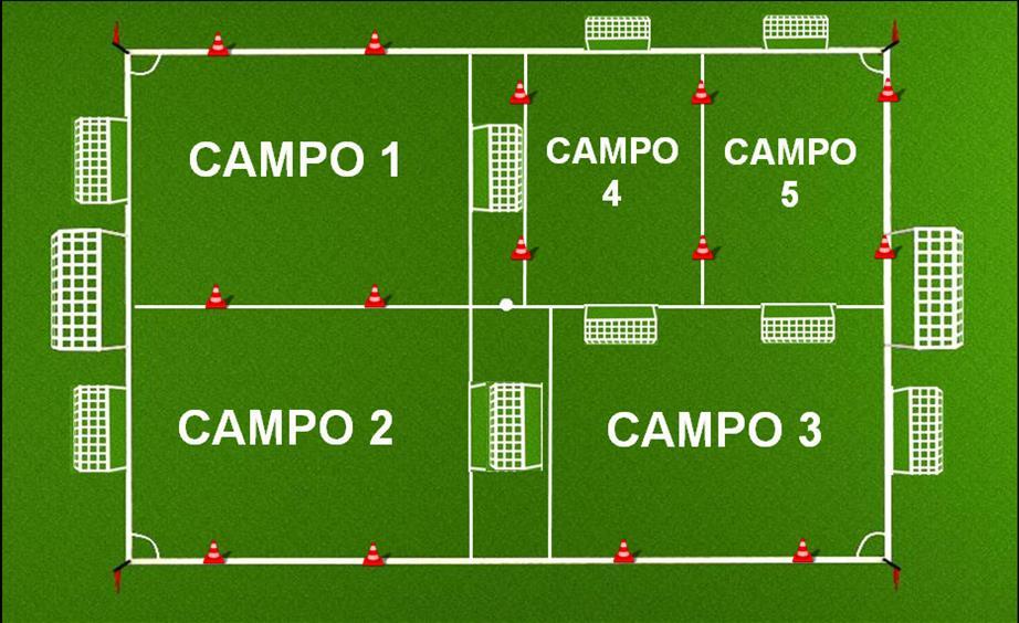 Por sua vez, uma dessas partes será dividida em duas (2 campos de Futebol-5), ou em 3 partes (1 campo de Futebol-5 e 2 campos de Futebol-3), ou ainda em 4 partes (4 campos de Futebol-3), permitindo