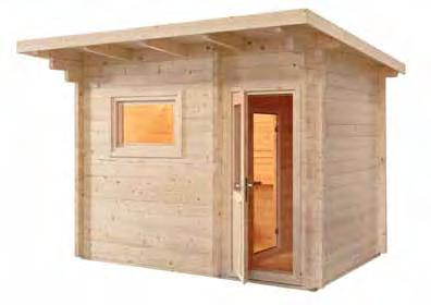 saunas sauna ExtErior Lava UM COMPLEMENTO AO SEU JARDIM características Construção de madeira maciça de 70 mm (Abeto) com encaixe macho/fêmea triplo Esquadro de base e tábuas do soalho de 19mm, em