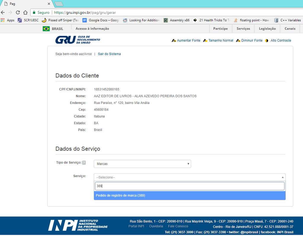 Com o login e senha informados corretamente, você será direcionado para a página de solicitação de 'Serviço'.