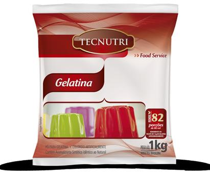 Padronização de cor e sabor / 6 sabores / Ótimo custo por porção / Ideal para refeições coletivas GELATINAS 510 G (DUPLO RENDIMENTO) PESO LÍQUIDO 510 g RENDIMENTO 82 porções de 80 ml Abacaxi, Cereja,