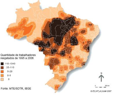 Geograficamente, é possível visualizar a ocorrência de trabalho escravo no Brasil no mapa