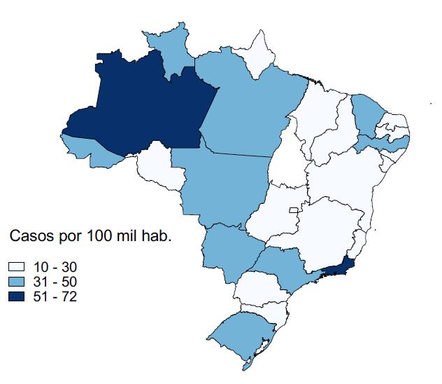 /100 mil habitantes Figura 5 - Coeficiente de mortalidade por tuberculose no Brasil: valores observados de 2001 a 2014 e preditos para o período 2015 a 2035 3,5 3,0 3,1 2,5 2,0 2,1 Estimativa