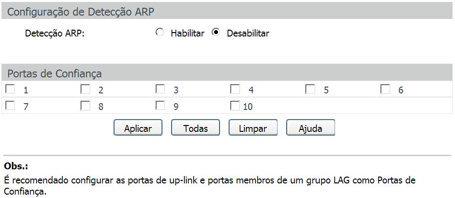 Detecção ARP A função Detecção ARP permite ao switch detectar os pacotes ARP com base nas entradas de sua Tabela de Associações ARP e filtrar os pacotes ARP falsificados, evitando que a rede sofra