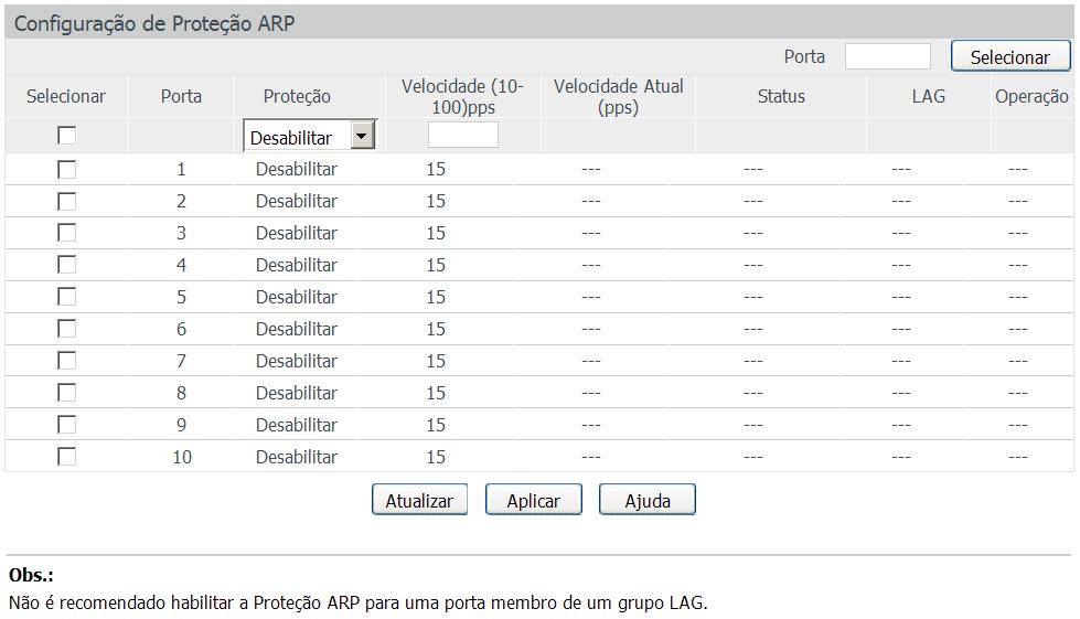 Proteção ARP Com a função Proteção ARP habilitada, o switch não recebe pacotes ARP por 300 segundos, quando a velocidade de transmissão de pacotes ARP exceder o valor definido, evitando que ocorra