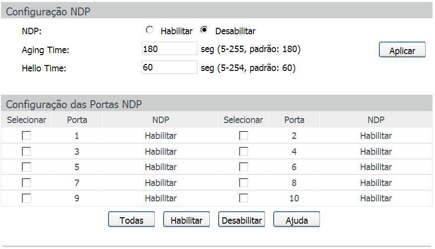 Configurar NDP Nesta página você pode configurar a função NDP.