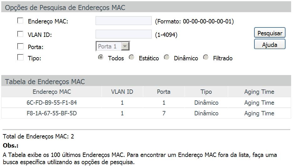 Escolha no menu Switching Endereço MAC Tabela MAC para carregar a seguinte página: As seguintes informações são exibidas na tela: Tabela de endereço MAC Opções de pesquisa de endereços MAC Endereço