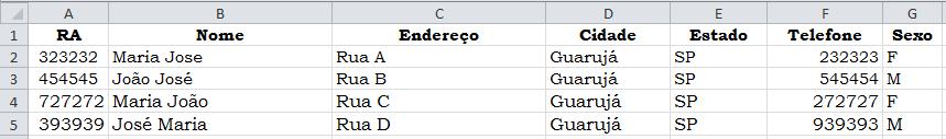 No Excel o banco de dados é representado com os campos nas colunas e registros nas linhas.