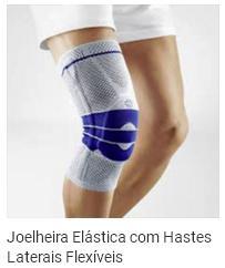 Joelheira Elástica com Hastes Laterais Flexíveis Apresenta orifício rotuliano com almofada patelar e hastes laterais flexíveis.
