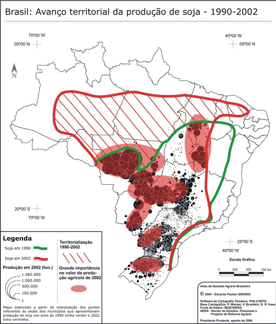 Na figura a seguir apresentamos a territorialização da soja no Brasil na última década e início do século XXI.
