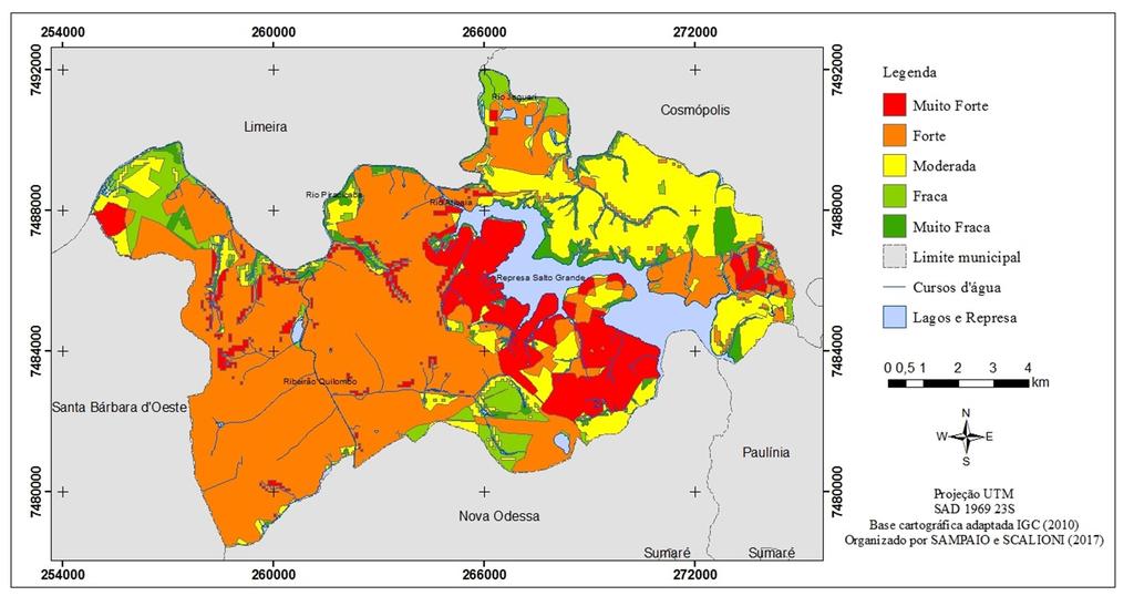 muito forte aumentaram, quando comparadas com a carta de fragilidade ambiental para o ano de 2014. Figura 9 - Carta de Fragilidade Ambiental de Americana - SP, para o cenário normativo.