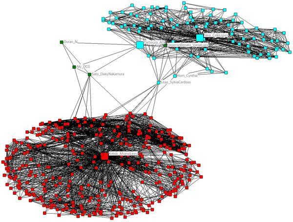 Figure 4. Co-authorship ego-network of the Brazilian scientists who published more papers (A. Kritsky) and filed more patent applications (C. Silva in collaboration with A. O.