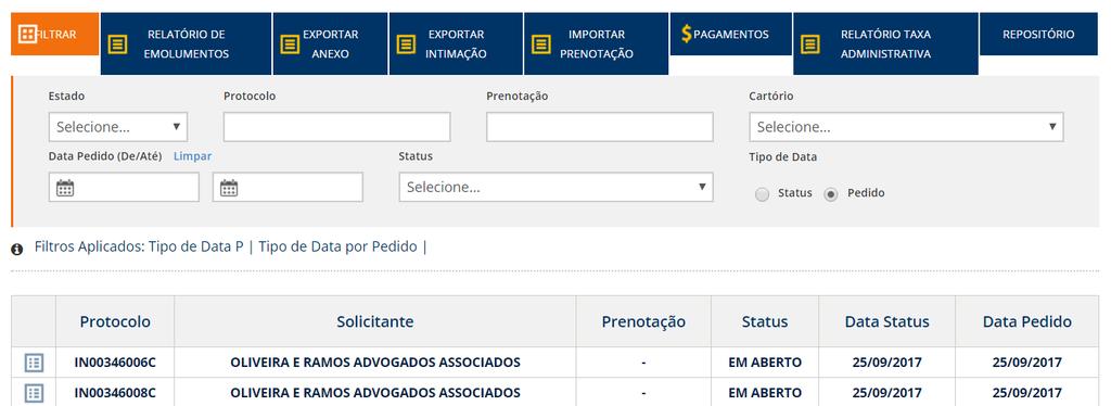 Abrirá a listagem de pedidos. Na parte superior é possível realizar as seguintes ações: Definição dos menus: Filtrar: É possível fazer um filtro por protocolo, status e data.