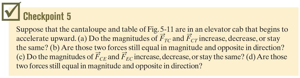 5-3 Aplicand as Leis de Newtn Supnha que melã e a mesa da Fig. 5-11 estã em um elevadr que cmeça a acelerar para cima. (a) Os móduls de F TC e F CT aumentam, diminuem u permanecem as mesmas?