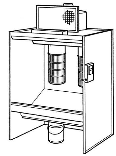 Cabinas de pintura estacionária com recuperação tipo cartucho CABINAS DE PINTURAS AUTOMÁTICAS As cabinas de pintura de tinta em pó automáticas geralmente são confeccionadas em chapas de aço carbono