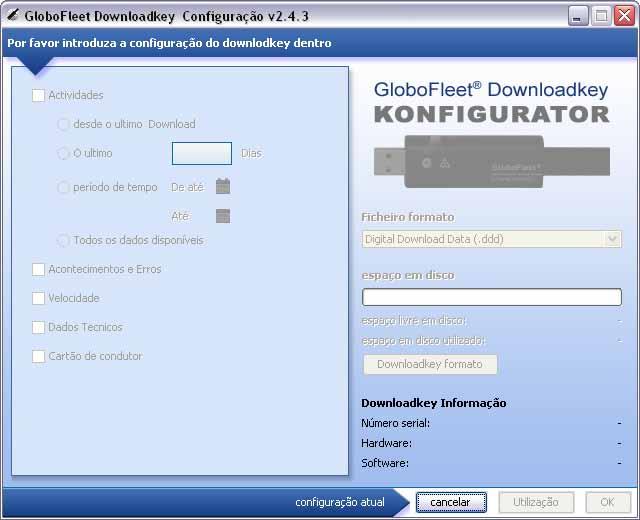 Downloadkey - Ferramenta de configuração A GloboFleet Downloadkey já vem configurado de uma forma que ele sempre descarrega os dados do tacógrafo digital desde o último download.