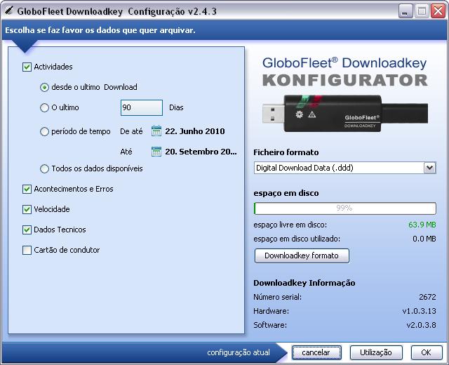 Com o GloboFleet Konfigurator pode fazer as seguintes mudanças na downloadkey: Downlad de actividades desde a última descarga Os últimos XX dias Período de XX até XX Todos os dados disponíveis