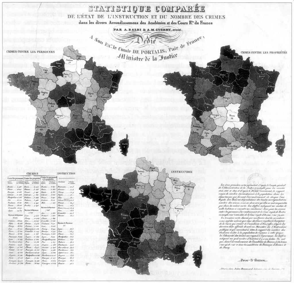 Mapas 1829 Primeiros mapas coropléticos comparativos, mostrando os crimes contra as pessoas e os crimes