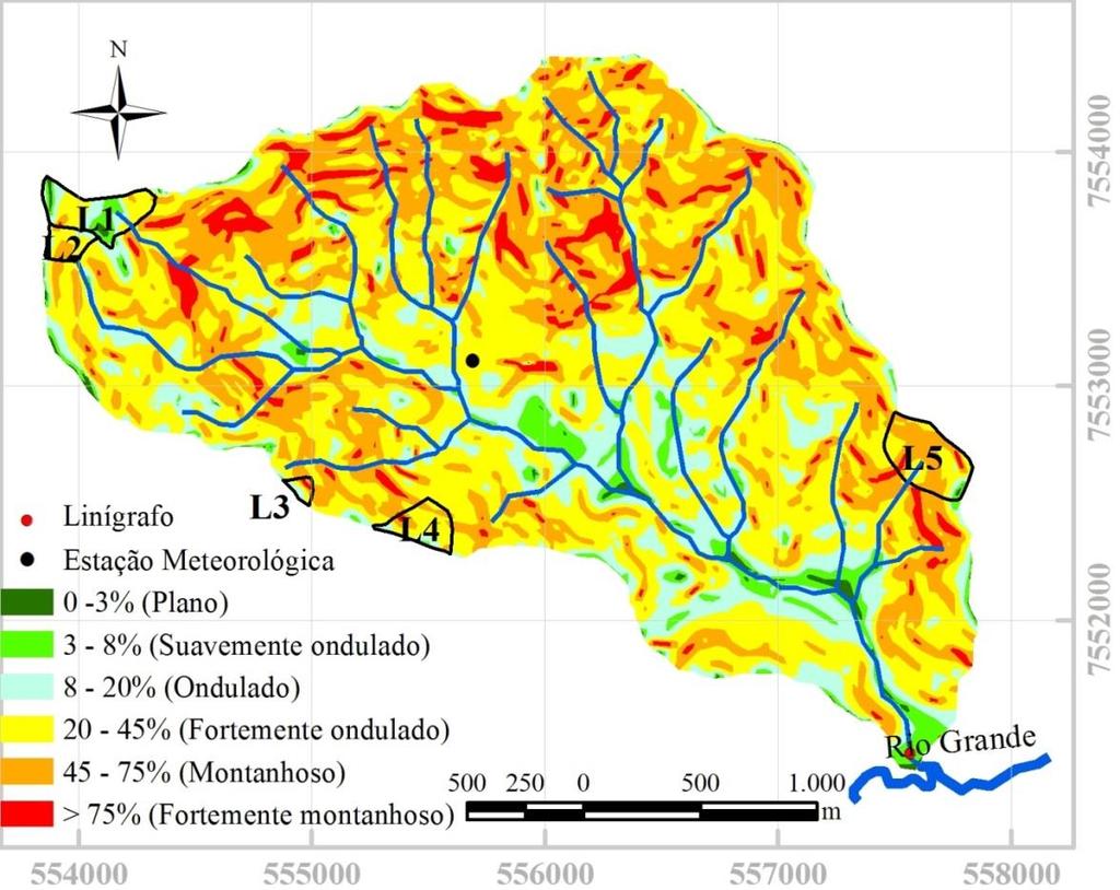 Mapa de declividade da bacia hidrográfica Lavrinha Serra da Mantiqueira DISTRIBUIÇÃO DAS CLASSES DE DECLIVIDADE EM